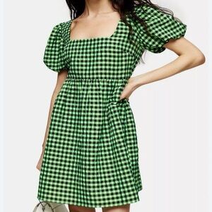 Topshop Green and Black Puff Sleeve Mini Dress Sz 2